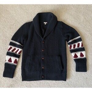 BURBERRY Navy Wool Fair Isle Chunky Knit Cardigan, Leather Buttons, Pockets, XL